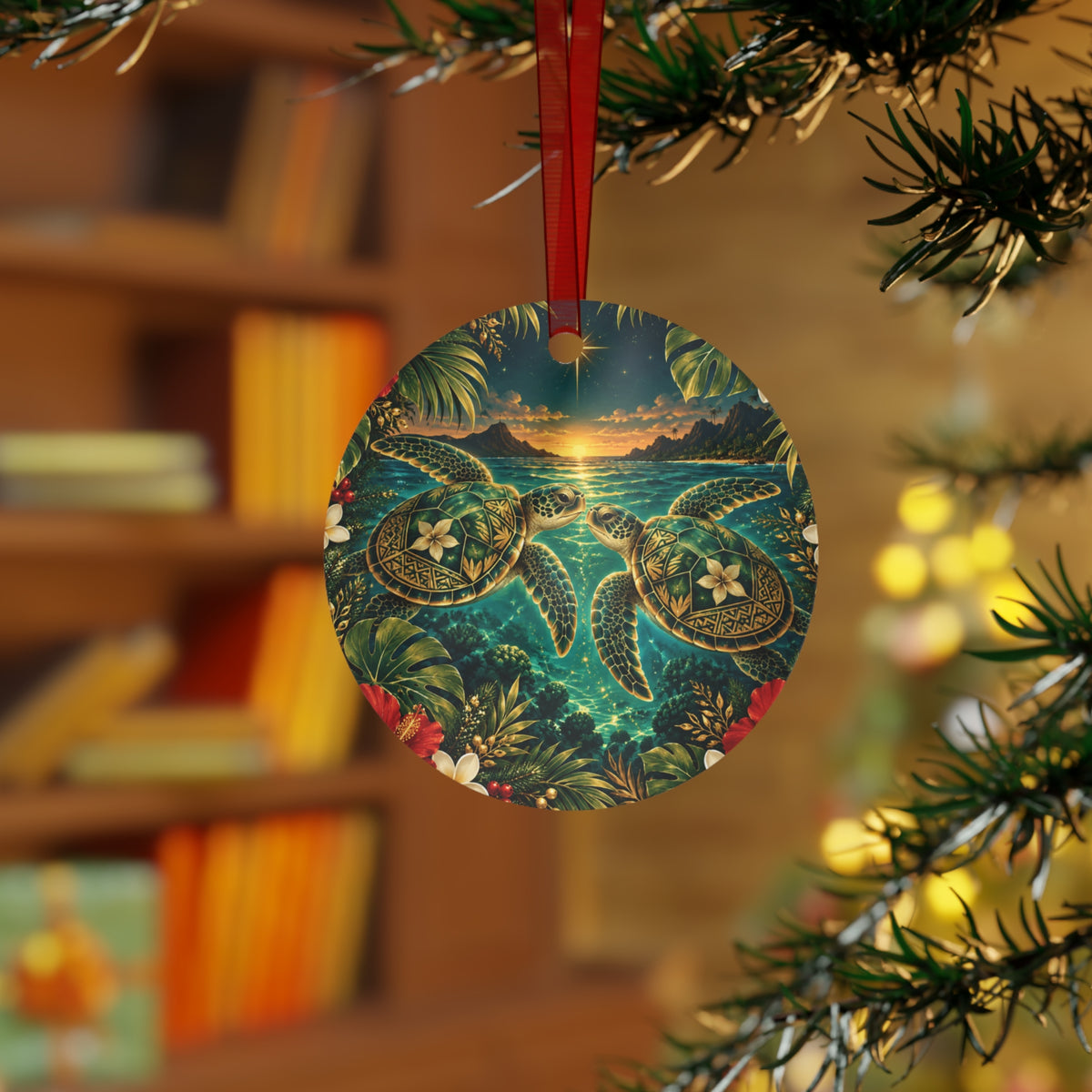 Sea Turtle Sunset Metal Ornament — Tropical Hawaiian Holiday Decor