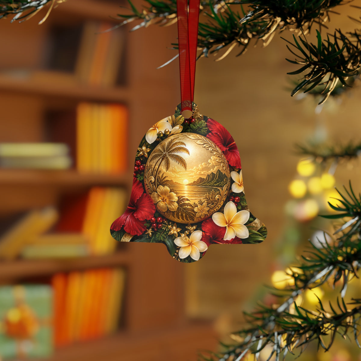Tropical Hibiscus Metal Ornament — Hawaiian Sunset Bell Christmas Decoration