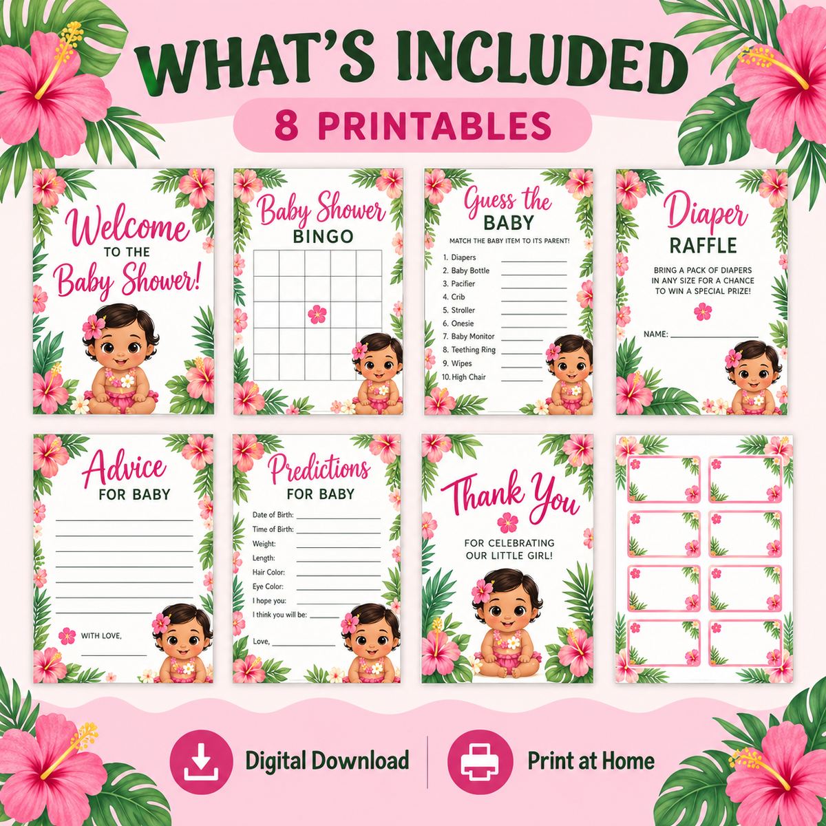 Baby Girl Shower Invitation | Printable Pink Hawaiian Baby Shower Invite | Digital Download