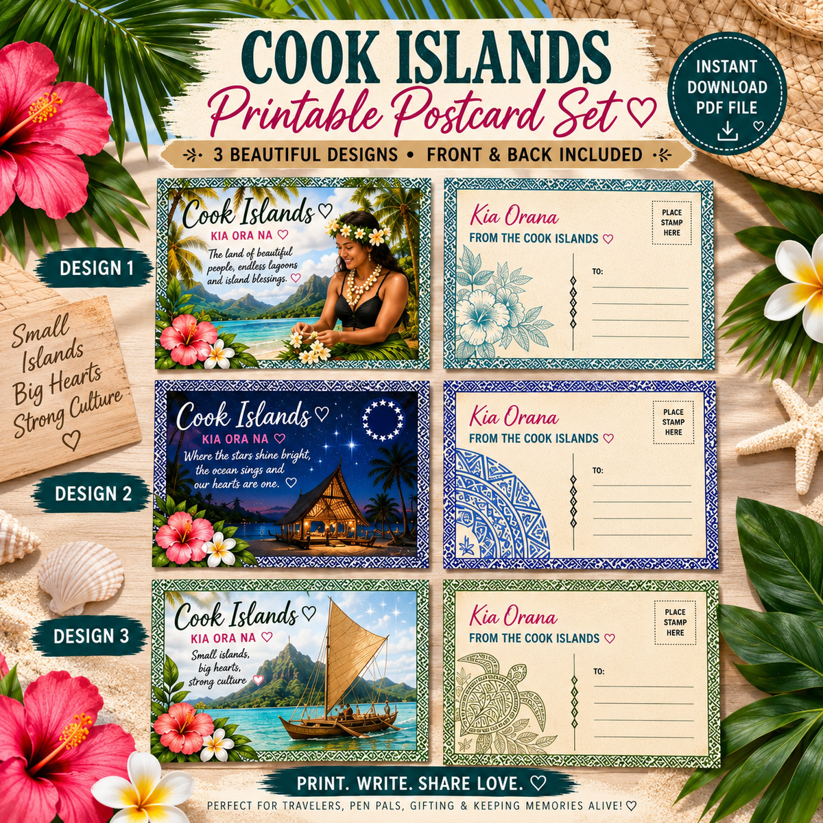 Cook Islands Printable Postcard Set | 3 Polynesian Digital Designs