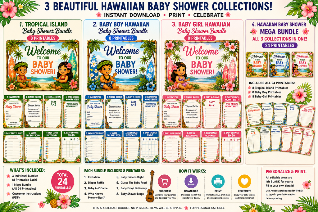 Baby Shower Invitation Mega Bundle | Hawaiian Tropical Boy & Girl Printable Invitations | Digital Download