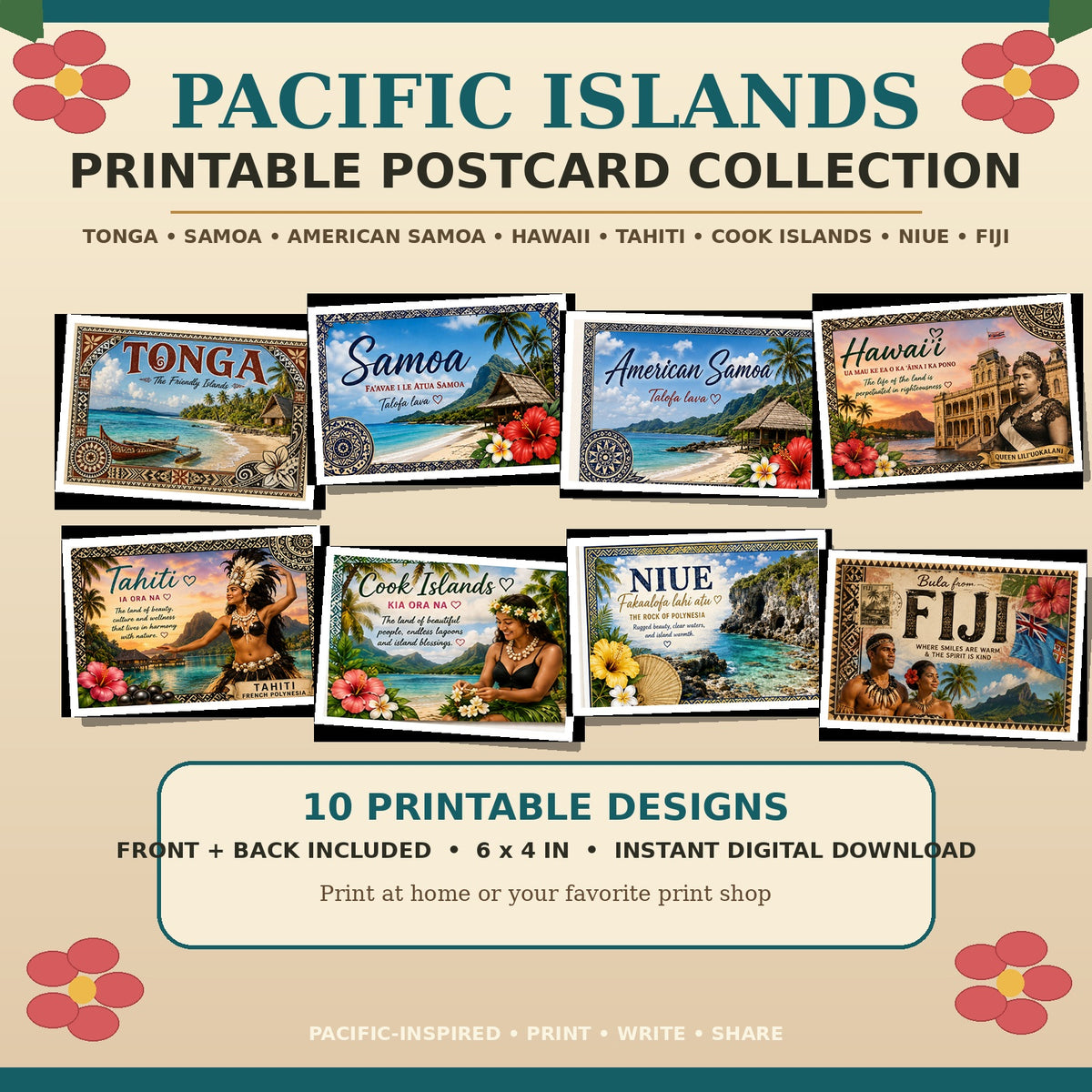 Polynesian Island Printable Postcard Collection | Tonga, Samoa, Hawai‘i & More